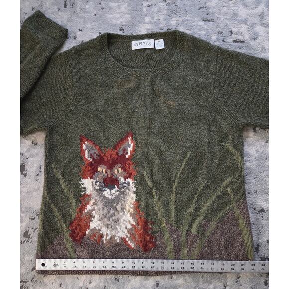 Orvis 100% Wool Green Sweater- Fox Animal Cozy Grandpa Size Medium - Picture 5 of 7